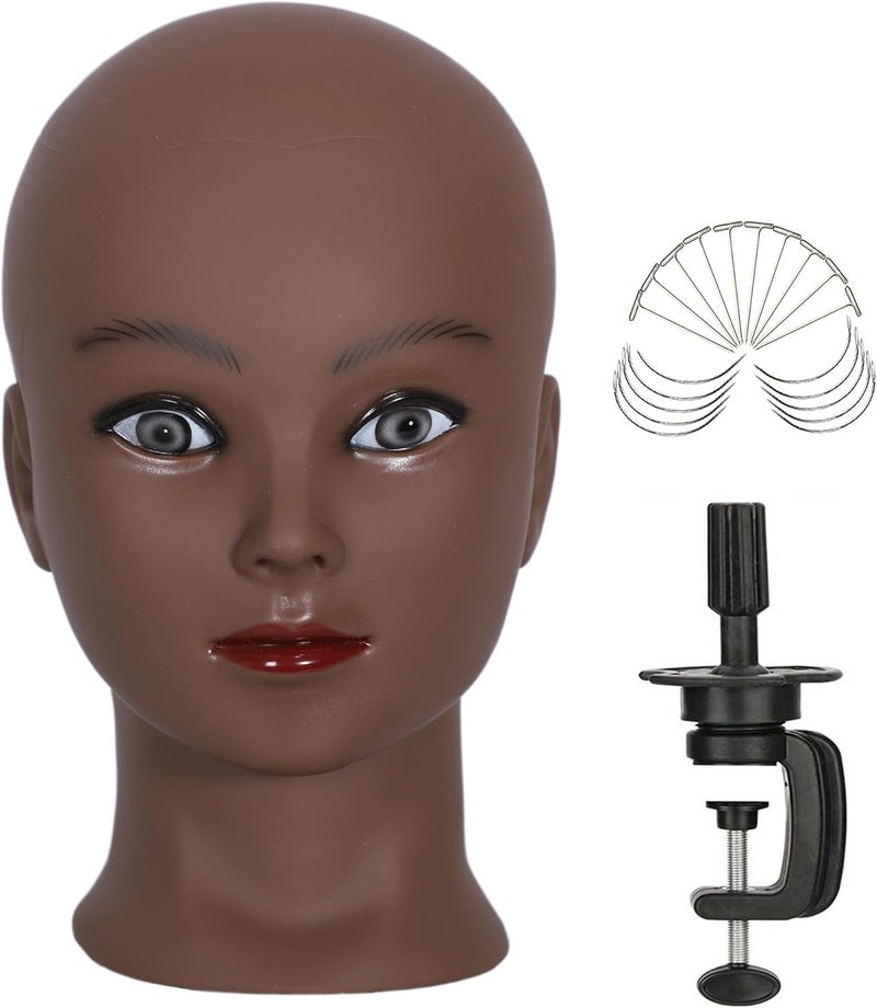 simnient Bald Mannequin Head Dark Brown Female Professional Cosmetology Training Mannequin-Bald for Wig Making and Display Hat Helmet Glasses Display Head Model with Free Clamp Stand - Image 1